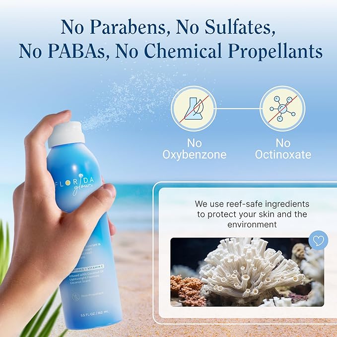 Florida Glow SPF 15 Sunscreen Spray - Hawaii 104 Reef Act & Florida Keys Compliant, Broad Spectrum - Water Resistant, Sport Sun screen - Child Friendly Oxybenzone & Octinoxate Free (5.5 Fl Oz 2-pack)-GlimoraGlow