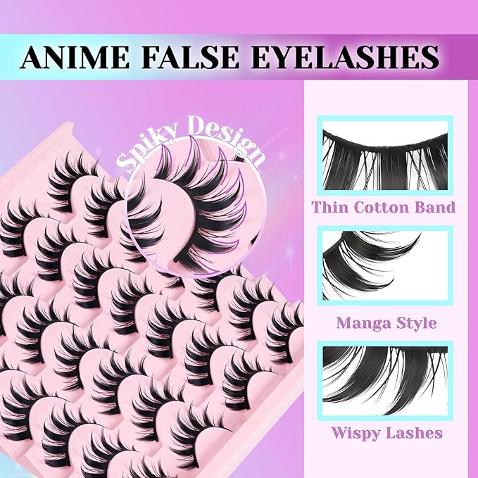 Losha Lashes Spiky Manga Lashes 14 Pairs Anime False Eyelashes 8D Wispy Eye Lashes Kit with Lash Glue and Lash Tweezers Natural Soft Fake Eyelashes (Cutes)-GlimoraGlow