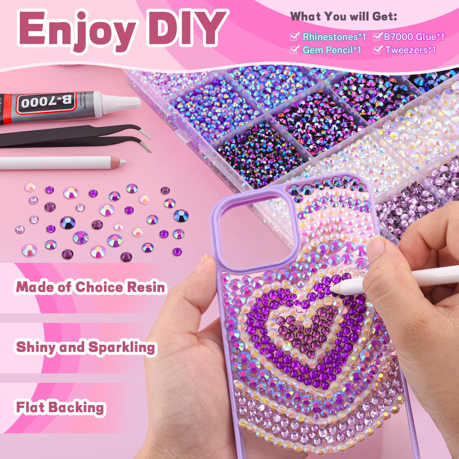 20000Pcs Purple Rhinestones for Bedazzling with 1Pcs B7000 Jewelry Glue, Resin Rhinestones for Crafting Crafts DIY, Bedazzler Kit Gems for Clothing Shoes Tumblers Nail Art Assorted Size 3/4/5/6mm-GlimoraGlow