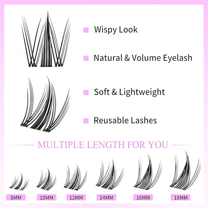 VEYESBEAUTY Lash Clusters Eyelash Extensions Thin & Invisible Band DIY Individual False Eyelashes Newbie's Five-Second Series Wispy Lash Tray for Self-application, Manga Lashes 8-18mm Mixed Length-GlimoraGlow