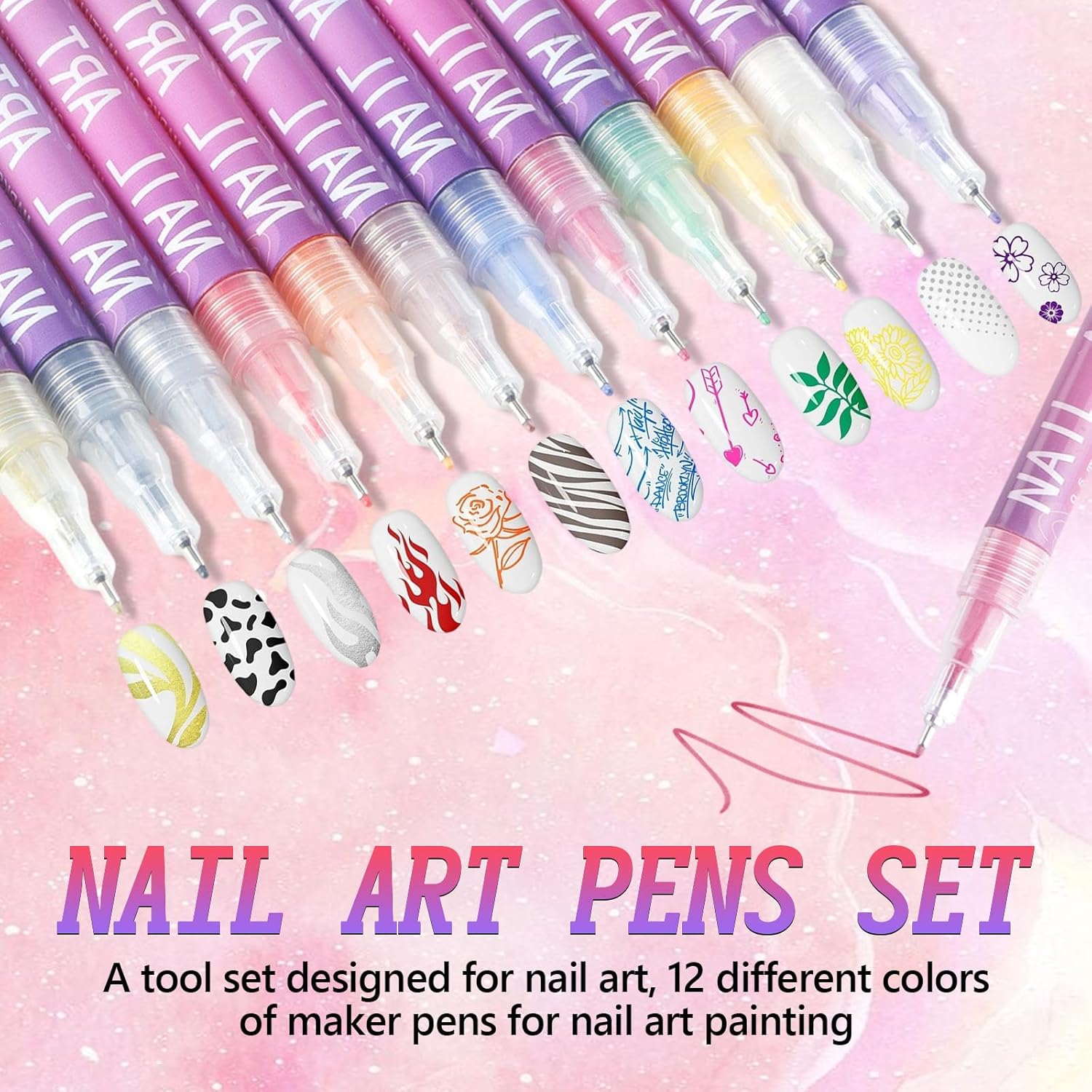 12 Colors Nail Art Pens Set, Nail Art Markers for Gel Nails, Drawing Painting Point Liner Acrylic Painted Pen Kit, Waterproof and Quick-drying Nail for DIY Nails Art Design Manicure Tools-GlimoraGlow