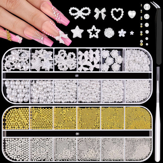 2 Boxes Flatback Pearls (White) and Metal Nail Beads (Silver+Gold) for Acrylic Nail Tips Manicure Decor-GlimoraGlow