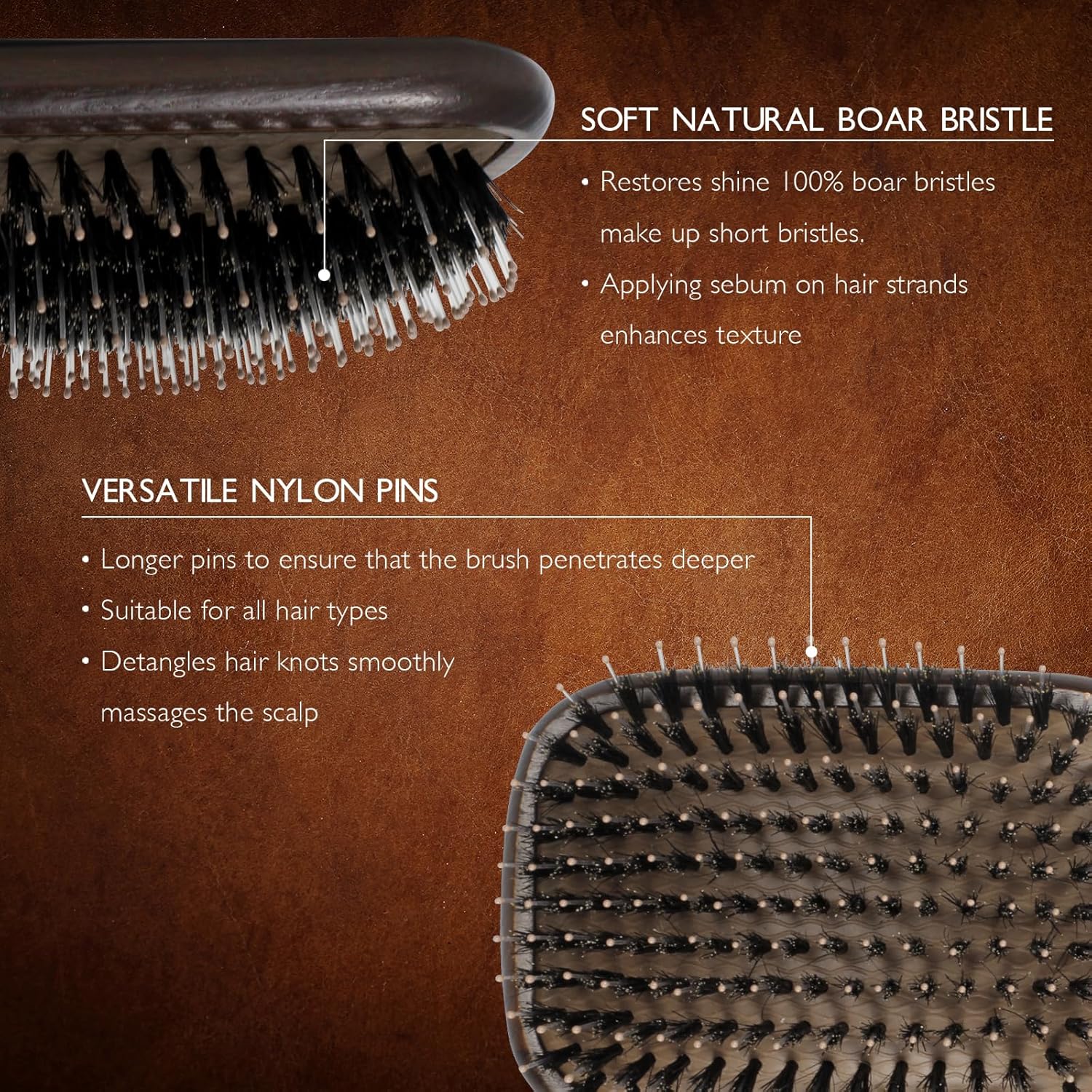 100% Boar Bristle Hair Brush Set, Detangler for Long, Short, Thin, Curly, Straight, or Wavy,Hairbrush for Enhancing Shine,Great for Men, Women, and Kids-GlimoraGlow
