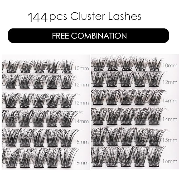 Lash Clusters 144 Pcs Individual Lashes Clusters Eyelash Extensions False Eyelashes DIY Lash Extension Reusable False Eyelashes Natural Look Mix 10-16mm C D Curl-DM17-GlimoraGlow