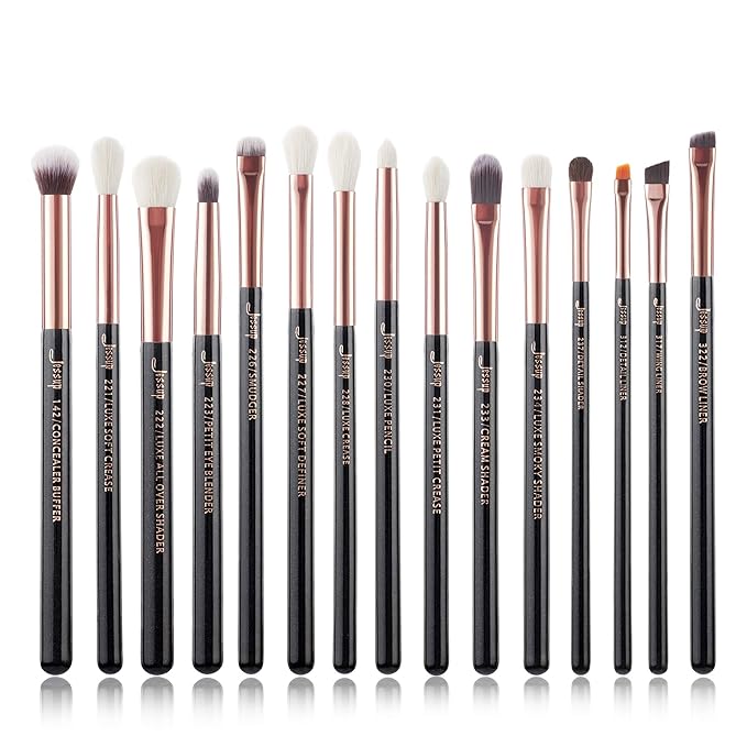 Jessup 15Pcs Professional Makeup Brushes Set Make up Brush Tools kit Eye Liner Shader Wood Handle Natural-synthetic Hair Brushes Pearl Black/Rose Gold T157-GlimoraGlow