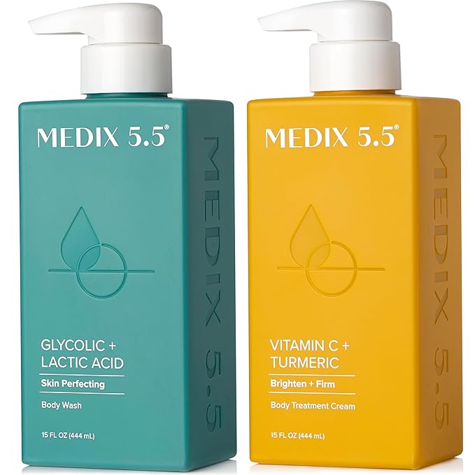 MEDIX 5.5 Exfoliating AHA Glycolic Acid Face & Body Scrub Cleanser + Vitamin C Moisturizing Body Cream Lotion Skin Care 2PC Set | Alpha Hydroxy Acid & Lactic Acid Foaming Body Wash & Face Wash, 2-PC-GlimoraGlow