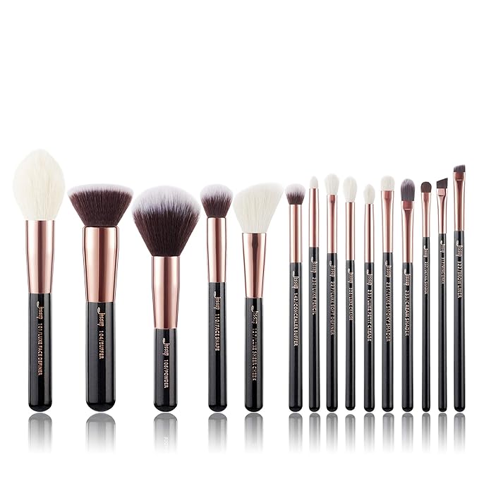 Jessup Makeup Brushes, Labeled Makeup Brush Set Premium Synthetic and Natural Hair Foundation Powder Concealer Eyeshadow Blending 15pcs Brush Kit, Rose Gold/Black T160-GlimoraGlow
