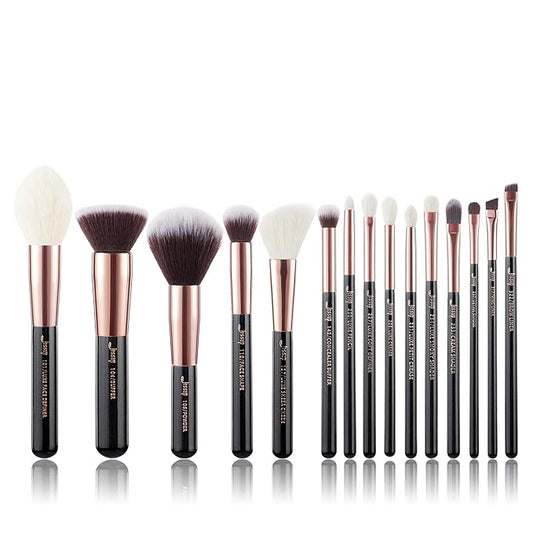 Jessup Makeup Brushes, Labeled Makeup Brush Set Premium Synthetic and Natural Hair Foundation Powder Concealer Eyeshadow Blending 15pcs Brush Kit, Rose Gold/Black T160-GlimoraGlow