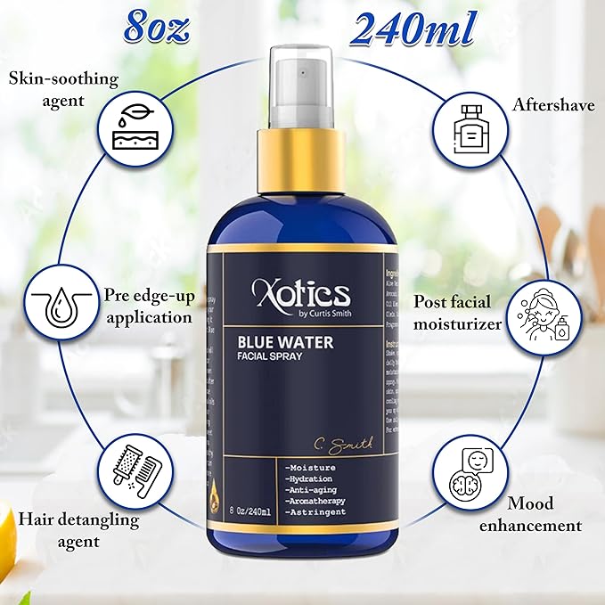 Xotics Blue Water Facial Spray - 8oz - Hydrating Face Mist with Aloe Vera - Refreshing Toner for Men & Women, Aftershave, Daily Moisturizing Splash for All Skin Types-GlimoraGlow