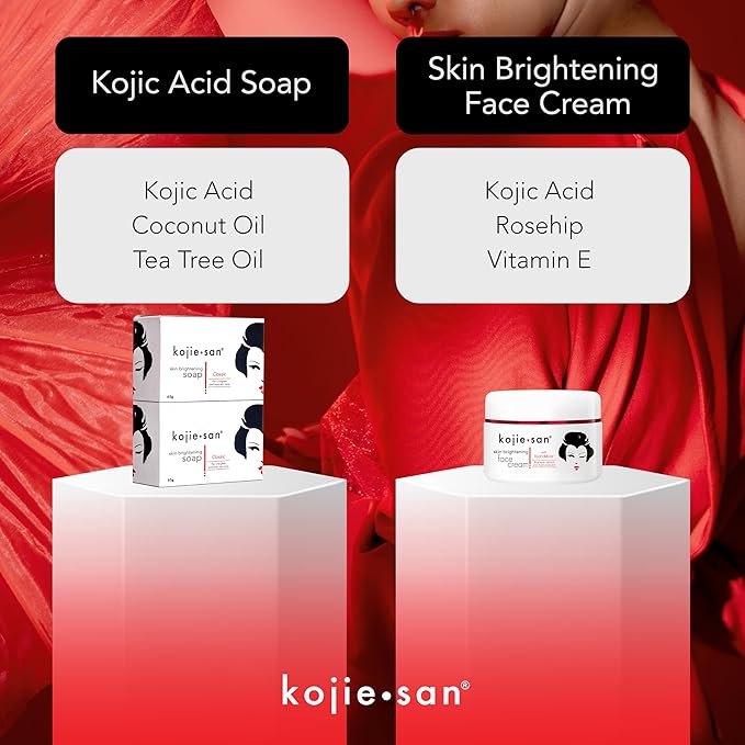 Kojie San Skin and Body Soap 2 Piece Set – Original Kojic Acid, Dark Spot Remover Soap Bar with Coconut & Tea Tree Oil – 65g x 2 Bars & 30g Face Cream-GlimoraGlow