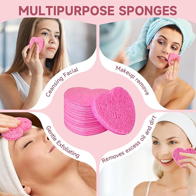 100 Count Compressed Pink Facial Sponges | 100% Natural Cellulose Eco-Friendly Makeup Sponges for Gentle Cleansing, Exfoliating & Stubborn Makeup Removal | Travel & Home Beauty Essentials for Women-GlimoraGlow