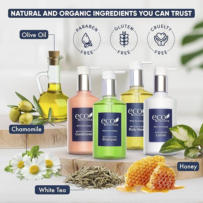 1-Shoppe Eco Botanics 20 Piece Ecobox All-In-Kit | White Tea and Honey Soap | 6 Shampoo, 4 Conditioner, 6 Body Wash & 4 Lotion | 10.14oz Hotel Soaps and Toiletries Bulk | Personal Care Products-GlimoraGlow