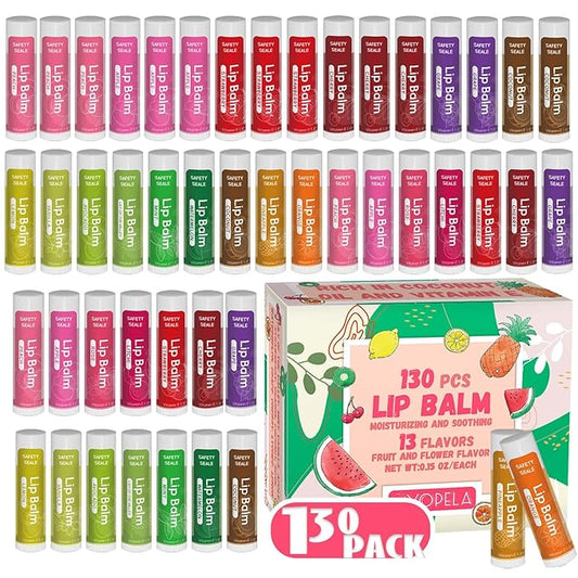 130 Pack Natural Lip Balm Bulk with Vitamin E and Coconut Oil - Moisturizing, Soothing, and Repairing Dry and Chapped Lips - 13 Flavors - Non-GMO 0.15 Oz-GlimoraGlow