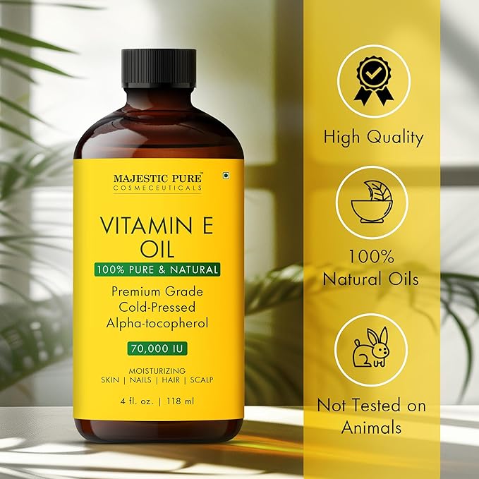Majestic Pure Vitamin E Oil - 100% Pure & Natural, 70,000 IU | Premium Grade, Cold-Pressed and Tocopherol to Repair Dry, Damaged Skin| Moisturizing Skin, Hair and Scalp 4 Fl Oz-GlimoraGlow