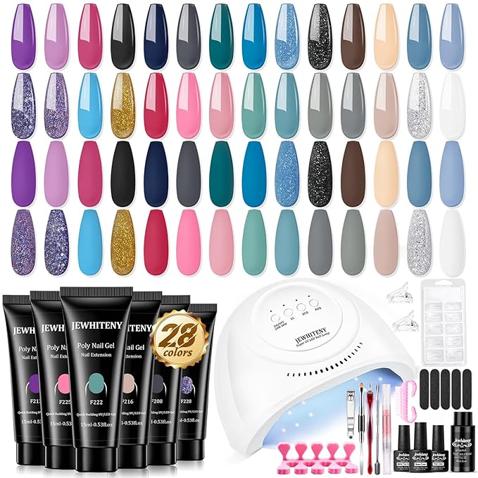 JEWHITENY 28 Colors Poly Nail Gel Kit with Base Top Coat Purple Blue Yellow Nude Pink Glitter Shades Quick-Dry for Beginners DIY Need U V Lamp Curing-GlimoraGlow
