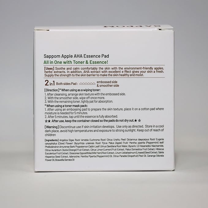 Apple AHA Essence Pad, Green Apple, with AHA, Toner pad, Soothing and Peeling, 60 vegan sheets-for sensitive skin, Hydrating care-GlimoraGlow