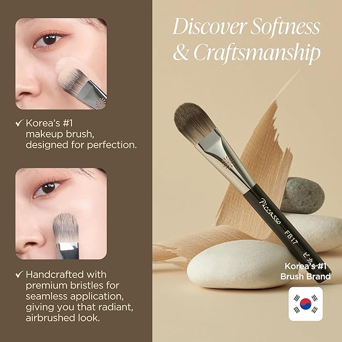 Piccasso FB17 Foundation Brush – Soft Makeup Brush for Liquid & Cream Foundation, Curved Bristles for Smooth and Flawless Face Makeup, Professional Tool for Base Layering, Korean Beauty Essential-GlimoraGlow