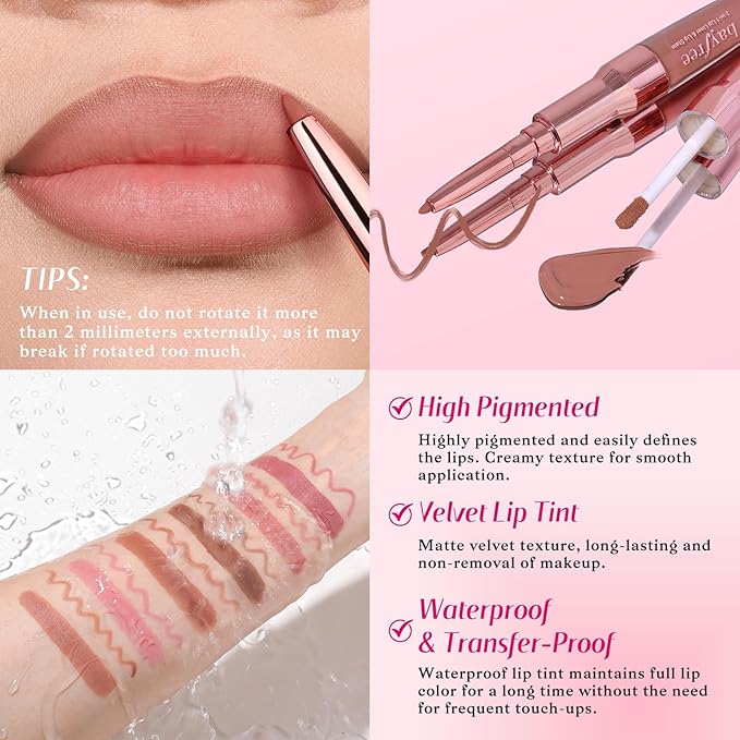 2-IN-1 Lip Liner and Lip Stain, High Pigmented Long Lasting Velvet Lip Tint, Well-Defined Lipliner, Weightless Waterproof Not Animal Tested, Matte Finish Makeup-GlimoraGlow