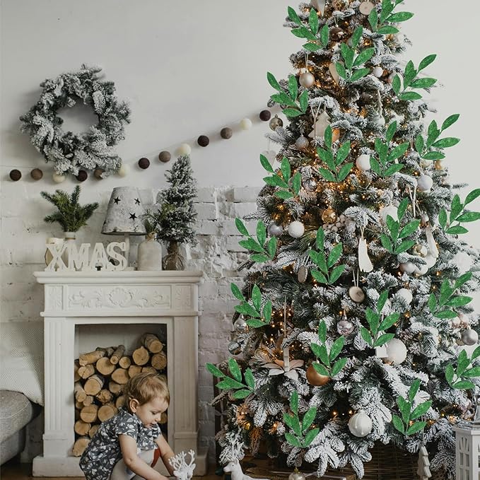 GREENTIME 12 Pack Artificial Green Glitter Leaves 13" Fake Christmas Picks Decorative Glitter Sticks for Vase Christmas Tree DIY Wreath Crafts Fireplace Decor