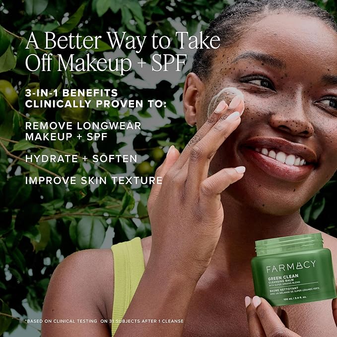 Farmacy Makeup Remover Cleansing Balm - Green Clean Waterproof Makeup Remover + Oil Based Cleanser - Newly Formulated Double Cleanser with Plant Based Waxes + Upcycled Moringa (200ml)-GlimoraGlow