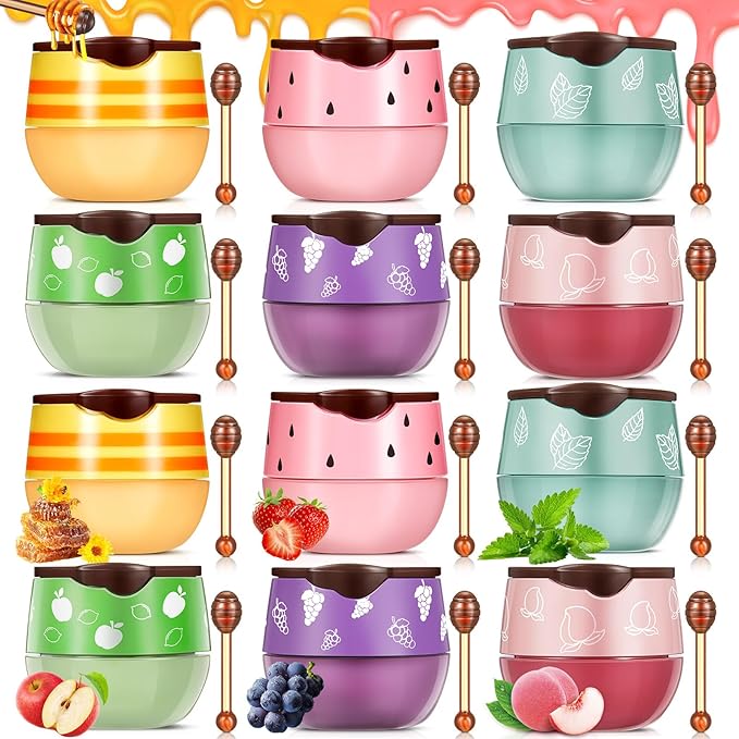 12 Pcs Bee Lip Balm Honey Pot with Brush Propolis Lip Mask Overnight, Moisturizing Hydrating Lip Sleeping Mask Prevention Dry and Cracked(Honey+Peach+Grape+Strawberry+Apple Lime+Mint)-GlimoraGlow
