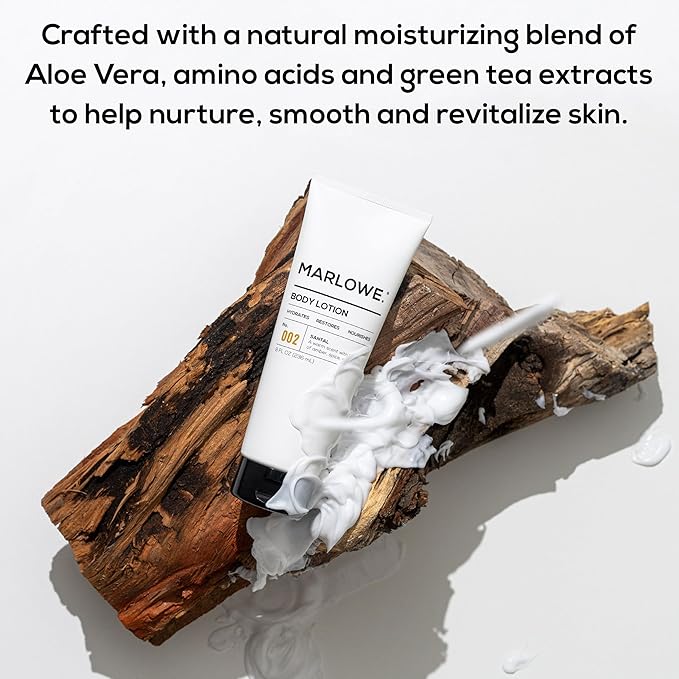 MARLOWE. No. 002 Santal Body Lotion 8 Oz, Moisturizing & Nourishing Daily Dry Skin Lotion for Men, Made with Hydrating Natural Aloe Vera, Non-Oily, Warm Amber, Sandalwood & Citron Scent, Vegan-GlimoraGlow