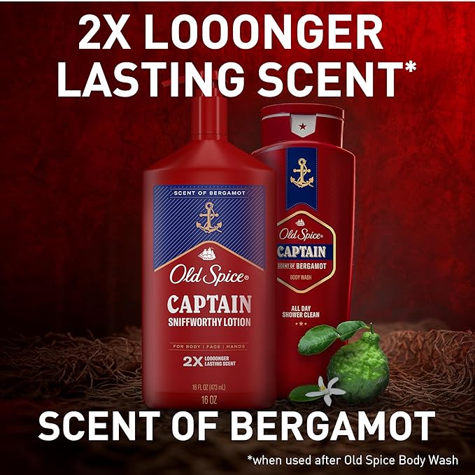 Old Spice Hand, Face & Body Lotion for Men, 24/7 Lightweight Moisturization with Amazing Scent, Instant Absorption, For All Skin Types, Captain with Bergamot Scent, 16 oz-GlimoraGlow