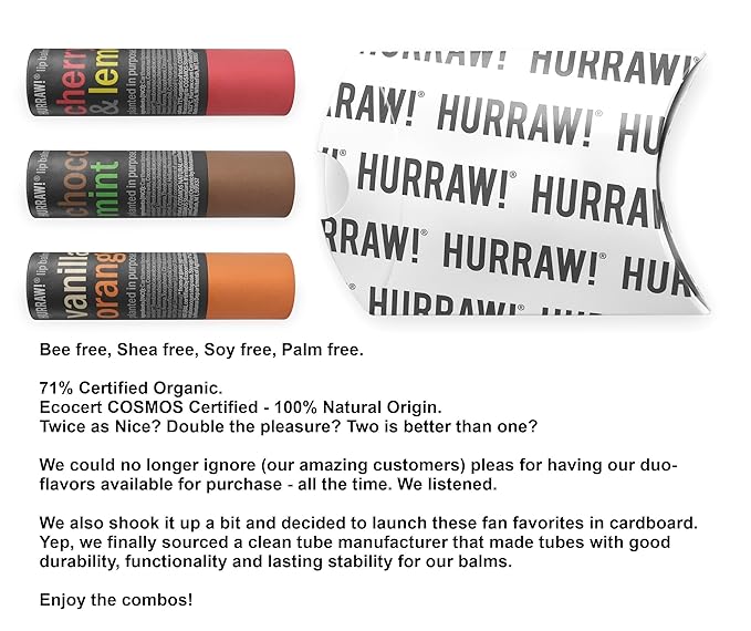 Hurraw! Cherry Lemon, Chocolate Mint & Vanilla Orange Lip Balm 3 Pack Bundle: Plastic-Free with new cardboard push-up tube. Certified Organic, Natural & Vegan. Bee, Shea, Soy & Palm Free. Made in USA-GlimoraGlow