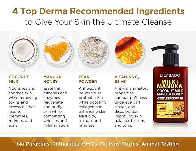 LILY SADO MILK+MANUKA™ Coconut Milk & Manuka Honey Gentle Gel Face Cleanser - Natural Cruelty-Free Facial Wash Cleanses, Balances, Soothes & Hydrates - Reduces Pores & Blackheads - 5oz-GlimoraGlow