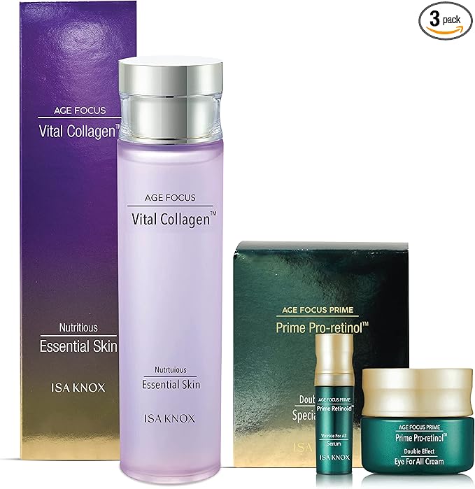 ISA KNOX Age Focus Vital Collagen Essential Toner, Prime Wrinkle for All Serum & Prime Eye for All Cream with Vitamins C, B12 & E (177 ml/5.99 fl oz) Korean Skincare-GlimoraGlow