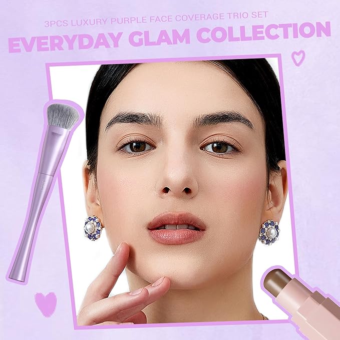 Jessup Face Makeup Brush Set 3 pcs, Ultra-Soft Dense Makeup Brushes for Foundation Contour Powder and Blush, Premium Synthetic Fiber, Luxury Purple T513-GlimoraGlow