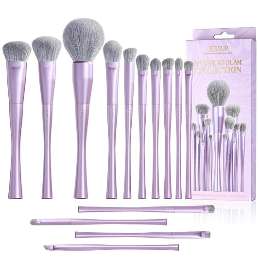 Jessup Makeup Brushes Set Professional 14pcs Vegan Make Up Brushes, Foundation Eyeshadow Concealer Contour Powder Blush Blending Eyeliner Brush, Premium Synthetic Fiber, Luxury Purple T512-GlimoraGlow