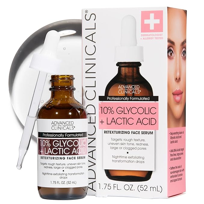 Advanced Clinicals Exfoliating 10% Glycolic Acid Serum For Face + Lactic Acid | Facial Exfoliant AHA + Salicylic Acid Serum To Improve Look Of Large Pores, Uneven Skin Tone, & Dark Spots, 1.75 FL Oz-GlimoraGlow