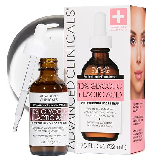 Advanced Clinicals Exfoliating 10% Glycolic Acid Serum For Face + Lactic Acid | Facial Exfoliant AHA + Salicylic Acid Serum To Improve Look Of Large Pores, Uneven Skin Tone, & Dark Spots, 1.75 FL Oz-GlimoraGlow