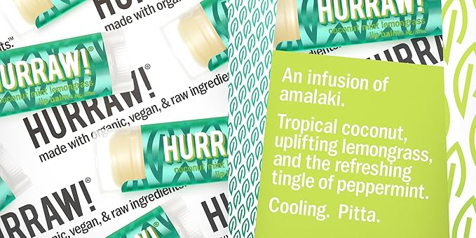 Hurraw! Coconut, Mint, Lemongrass (Pitta) Lip Balm, 3 Pack: Organic, Certified Vegan, Cruelty and Gluten Free. Non-GMO, 100% Natural Ingredients. Bee, Shea, Soy and Palm Free. Made in USA-GlimoraGlow