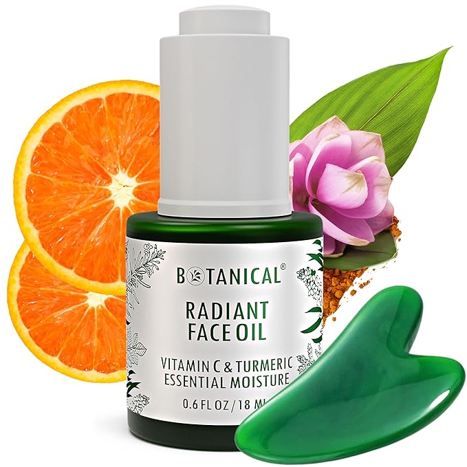 Botanical Radiant Face Oil | Skin Brightening Turmeric & Vitamin C Serum w/Gua Sha Lift Scraper | Organic, Pure, Natural Skincare (0.6 fl oz | 18 ml)-GlimoraGlow