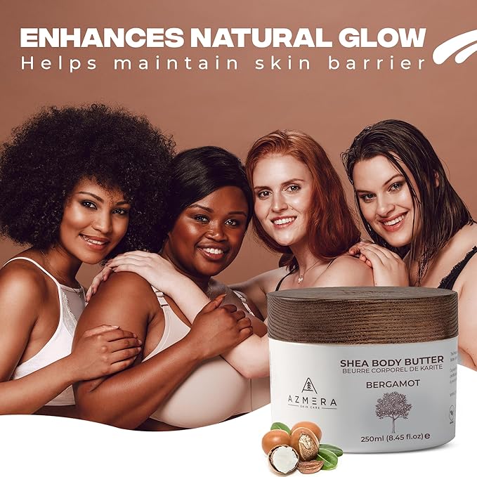 AZMERA Handcrafted Whipped Shea Body Butter – Luxurious Moisturizer for Dry, Sensitive Skin with Bergamot, Argan Oil & Vitamin E – Vegan, Non-Greasy Skincare – 8.82 oz-GlimoraGlow