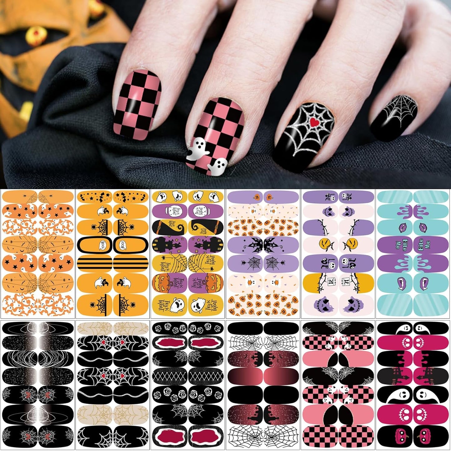 12 Sheets Halloween Nail Wraps Stickers, Nail Polish Strips DIY Self-Adhesive Full Glitter Nail Art Decals Pumpkin Bat Ghost Spider Skull Pattern with 2 Piece Nail Files for Party Decor (168 Pieces)-GlimoraGlow
