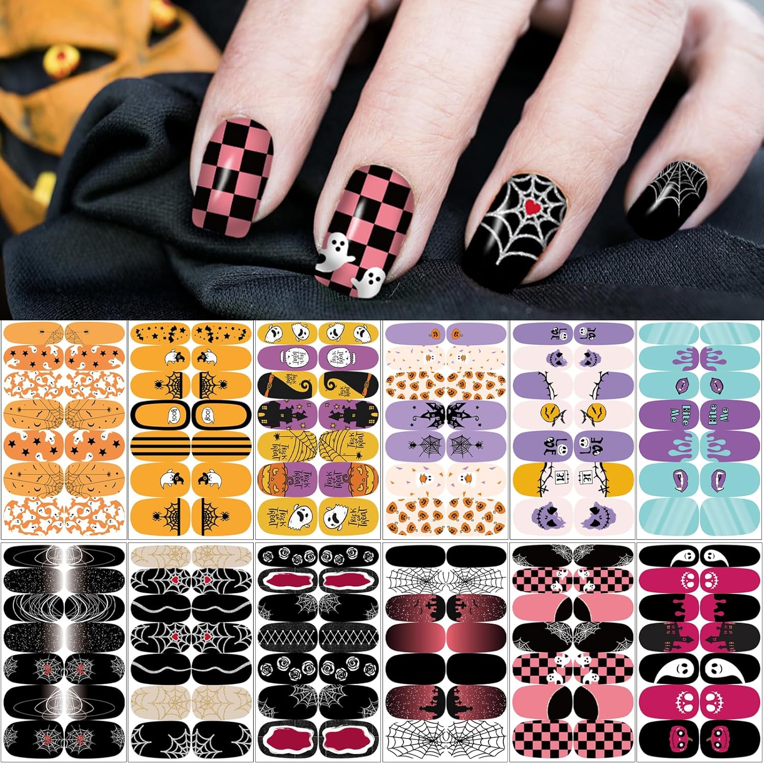 12 Sheets Halloween Nail Wraps Stickers, Nail Polish Strips DIY Self-Adhesive Full Glitter Nail Art Decals Pumpkin Bat Ghost Spider Skull Pattern with 2 Piece Nail Files for Party Decor (168 Pieces)-GlimoraGlow