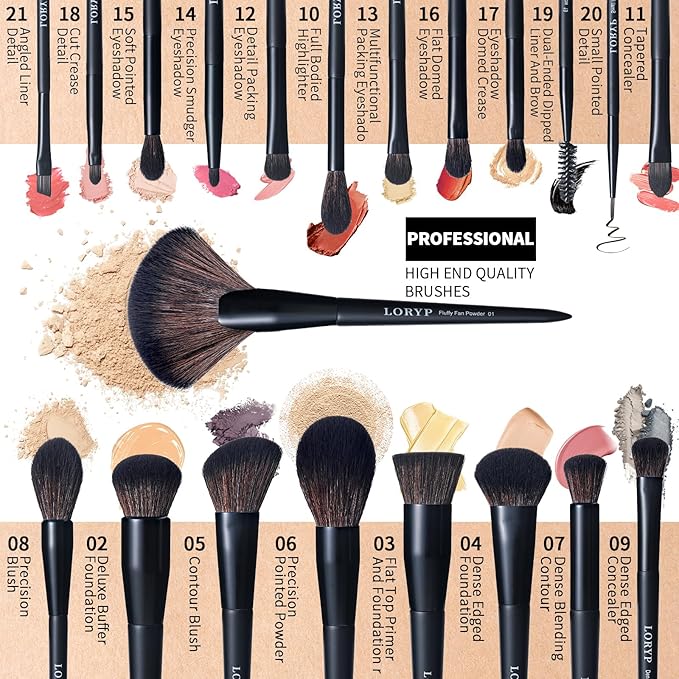 LORYP Black Makeup Brushes Set 21Pcs Powder Blush Foundation Concealer Highlighter Brush Vegan Pro Face and Eye Brush Kit-GlimoraGlow