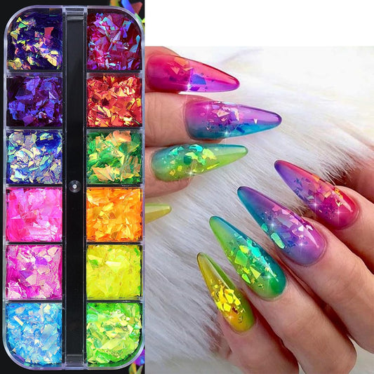 12Grids Holographic Mermaid Colorful Nail Art Glitter,Irregular Rainbow Candy Color Nail Art Flakes Sequins Gradient Bright Ice Slag Nail Sequins Summer Metallic Foil Nail Supplies DIY Nail Decoration-GlimoraGlow