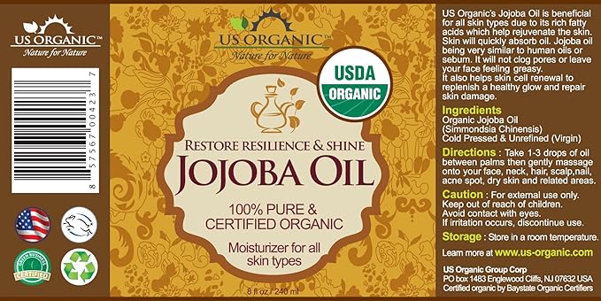 US Organic Jojoba Oil, USDA Certified Organic,100% Pure & Natural, Cold Pressed Virgin, Unrefined, Haxane Free, Sourced from Middle East directly (Large (8oz, 240ml))-GlimoraGlow