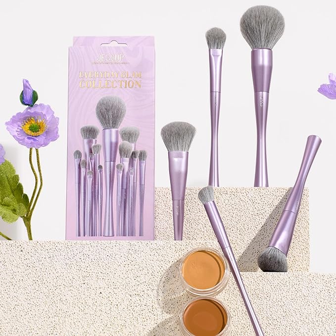Jessup Makeup Brushes Face 5pcs, Premium Synthetic Make Up Brushes Set for Foundation Contour Blush Highlighter and Powder, Luxury Purple T514-GlimoraGlow