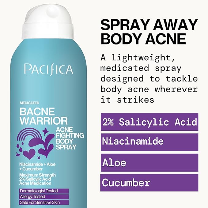 Pacifica Bacne Acne Cleanser Spray - Bacne Warrior - Body Spray for Acne Treatment - w/ 2% Salicylic Acid Niacinamide & Aloe - for Body, Chest & Back Acne for Teens & Adults Vegan Dermatologist Tested-GlimoraGlow