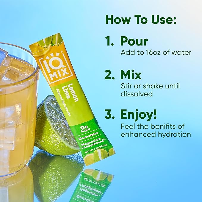 IQMIX Hydration Electrolyte Powder – 4-in-1 Formula for Hydration, Mental Clarity, Mood and Recovery – Sugar-Free Drink Mix, Keto, Magnesium L-Threonate, Lion’s Mane – 20 Count Lemon Lime-GlimoraGlow