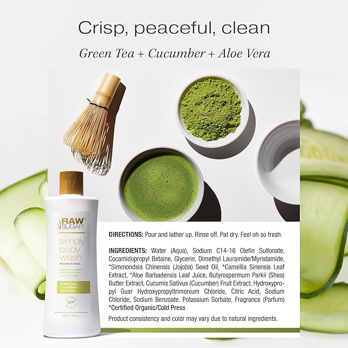 RAW SUGAR Sensitive Skin Simply Body Wash - Green Tea + Cucumber + Aloe Vera, Moisturizing & Brightening Bath & Shower Gel, Sulfate-Free, Paraben-Free & Vegan (Pack of 3)-GlimoraGlow
