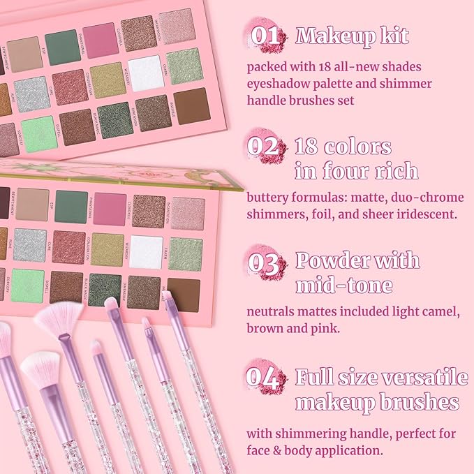 18 Colors Eyeshadow Palette With 7 pcs Soft Brushes Makeup Set High Pigmented Shimmer Matte Metallic Glitter Pink Nude Sage Green Eye Shadow Brush Make Up Kit for Women & Teen, Beginner & Pros-GlimoraGlow