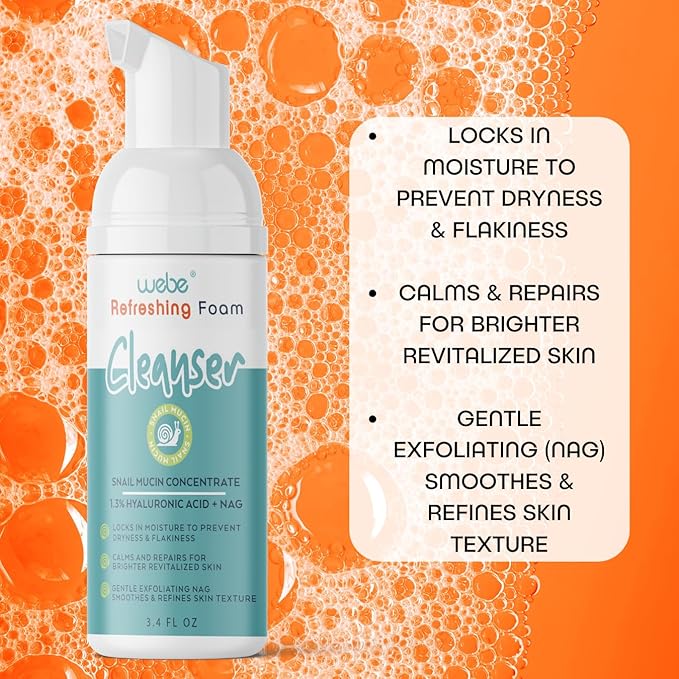 WEBE Refreshing Gentle Foam Cleanser | Snail Mucin, Hyaluronic Acid, N-Acetyl Glucosamine | Hydrating & Soothing Formula for Radiant, Moisturized Skin | Natural Skincare for all Skin Types-GlimoraGlow