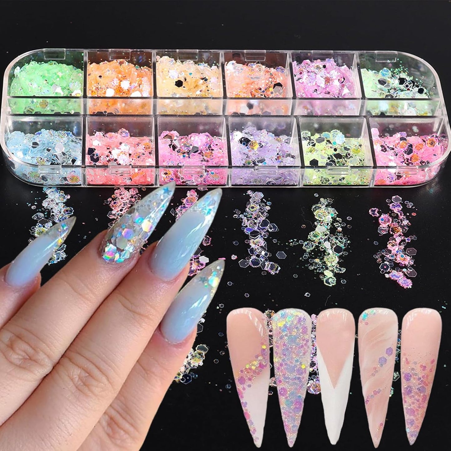 12 Grids Colorful Mermaid Nail Sequin Holographic Nail Art Glitter,Iridescent Nail Art Flake Glitter Decals Glass Paper Design Nail Accessories Acrylic Nails for Women Make Up DIY Nail Decoration-GlimoraGlow