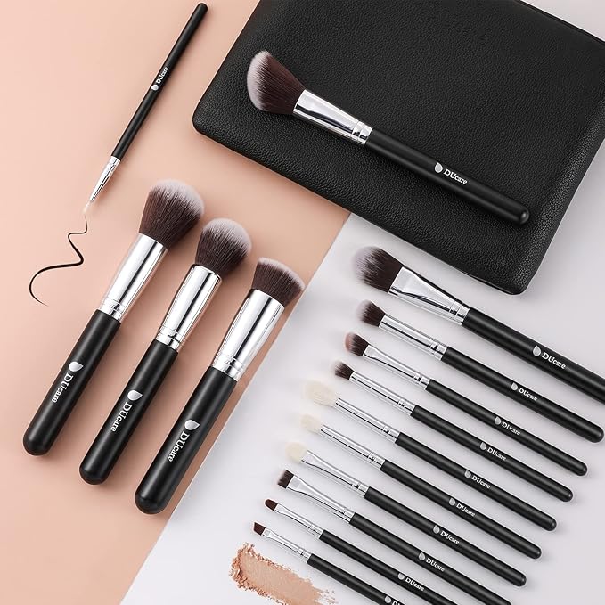 DUcare 15pcs Classic Black Makeup Brush Set with Bag Professional Soft Synthetic Foundation, Blending, Eyeshadow, Powder, Concealer Brushes for Flawless Makeup Application-GlimoraGlow